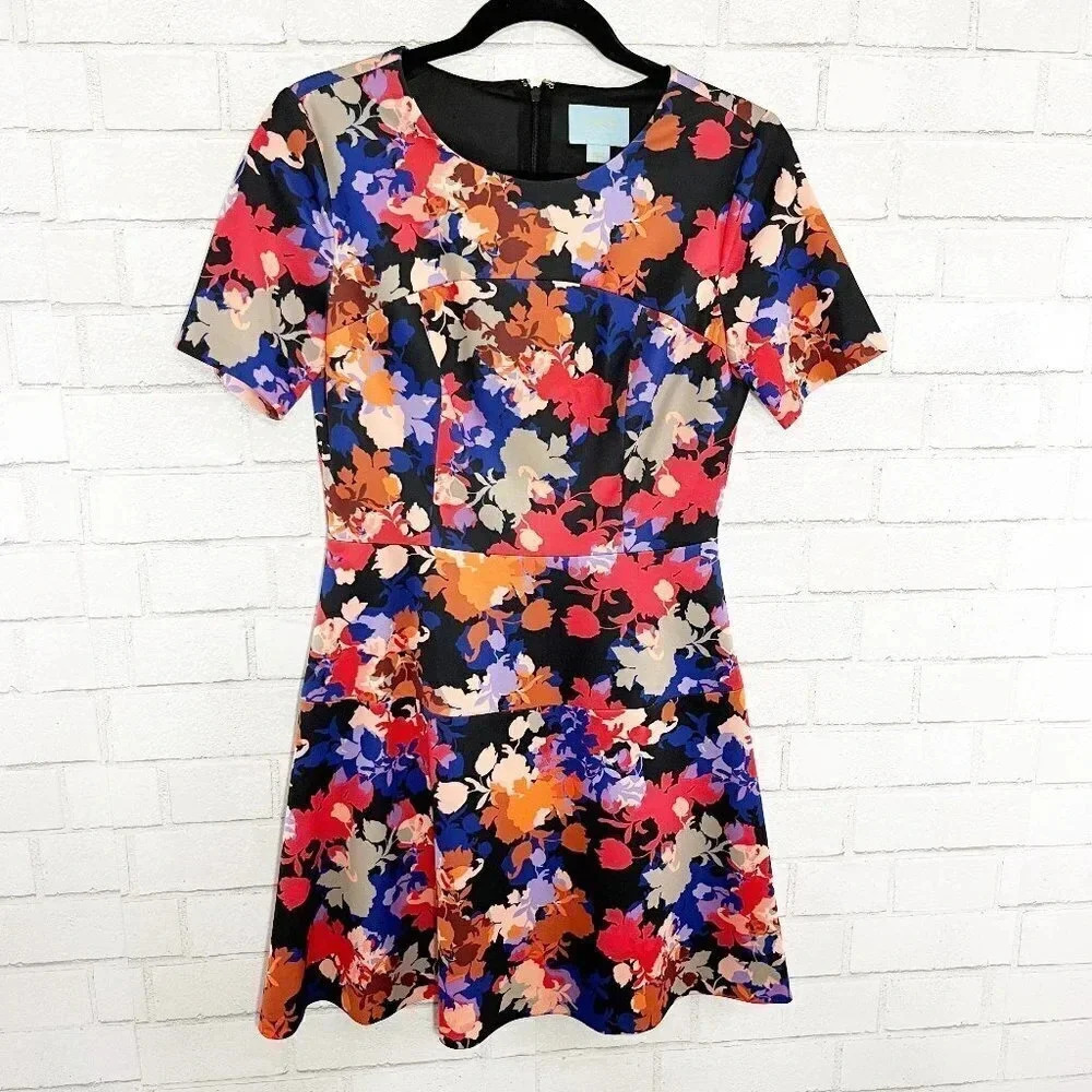 CeCe Colorful Black Floral Ponte Fit and Flare Dress Women's Size 6